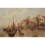 FOLLOWER OF WILLIAM DOMMERSON A bustling harbourside town, oil on canvas, 69 x 106cm (unframed)