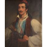 19TH CENTURY SCHOOL Portrait of a Greek revolutionary warrior in Byronic pose, with long dark