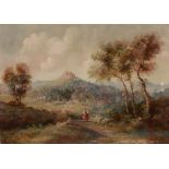 J* TERY Landscape with solitary figure and distant castle, signed, oil on board, 12 x 17cm