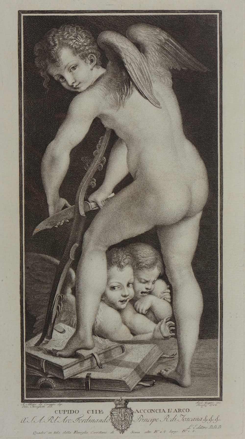 FERDINANDO GREGORI AFTER CORREGGIO 'Cupido Che Acconcia L'Arco', stipple engraving, 44 x 24cm; a