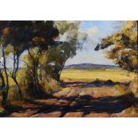 J * Y * GUINNESS? An open landscape from a wooded country pathway, indistinctly signed and titled