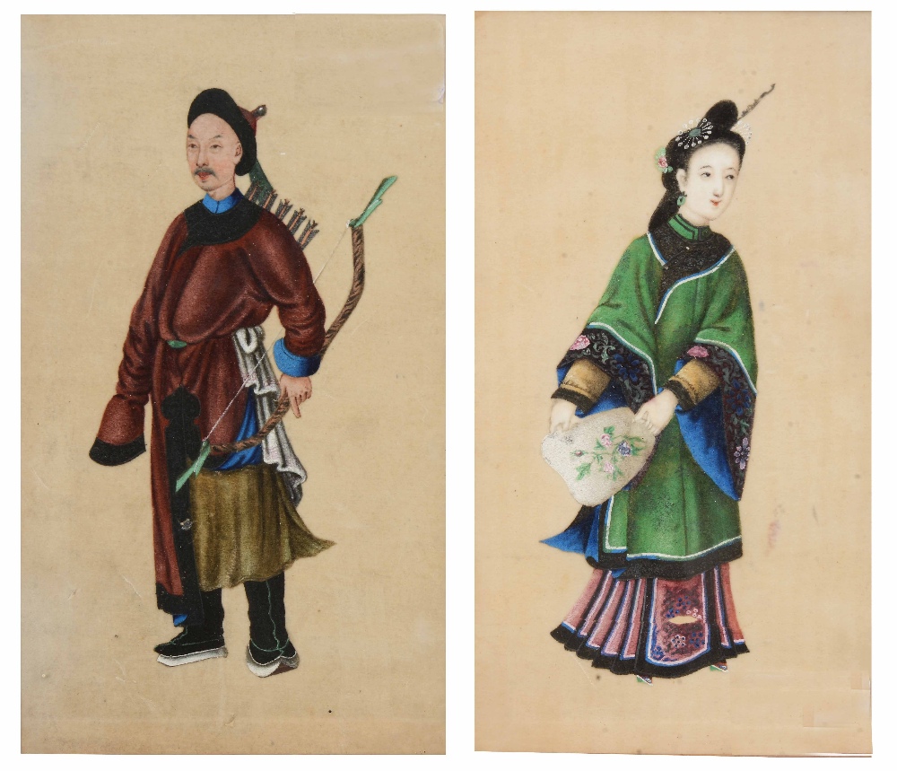 19TH CENTURY CHINESE SCHOOL Portrait of a lady with fan, watercolour on pith paper, 20 x 10cm; and