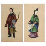 19TH CENTURY CHINESE SCHOOL Portrait of a lady with fan, watercolour on pith paper, 20 x 10cm; and