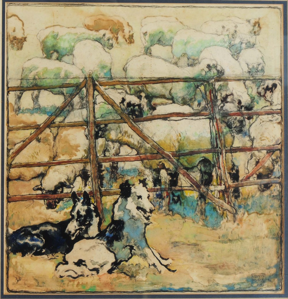 JOHN EDWIN NOBLE (1876-1941) The Sheep Pen, signed and dated 1933, watercolour, 39 x 37cm
