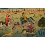 AN INDIAN MINIATURE painted with a hunting on horseback scene, gouache, 9.5 x 14.5cm