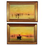 PIETRO GALTER (1840-1901) Venetian fishermen at sunset, signed, oil on canvas, 25.5 x 43cm; and