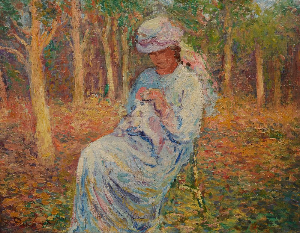 PAUL FLAUBERT (1928-1994) A lady seated in a wooded clearing, signed, oil on panel, 17.5 x 22.5cm