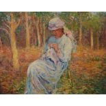 PAUL FLAUBERT (1928-1994) A lady seated in a wooded clearing, signed, oil on panel, 17.5 x 22.5cm