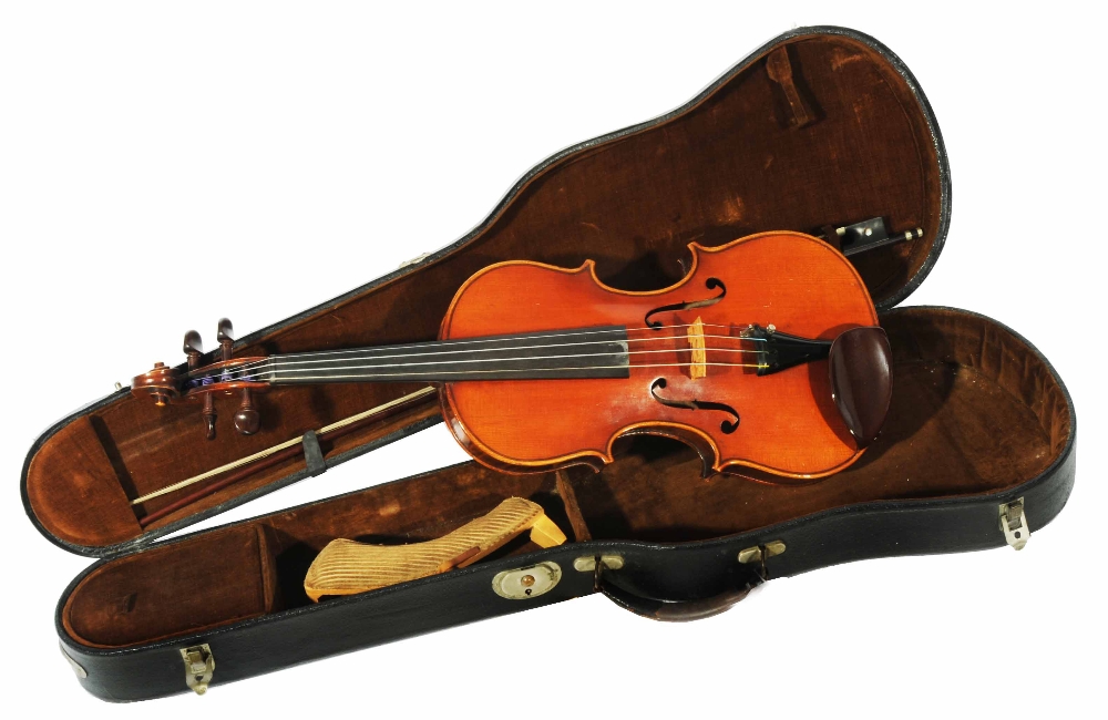 A VIOLIN with two piece back, 60cm overall with bow, cased