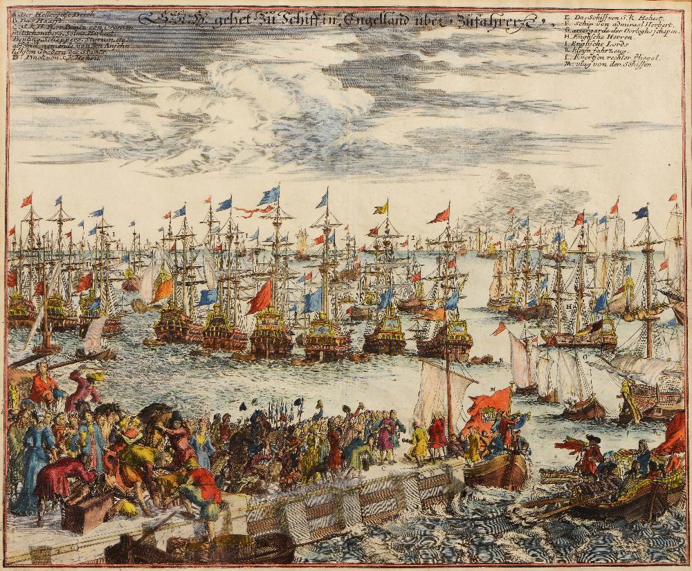 MATTHAUS MERIAN Gehet zu schiff in Engelland uber Zufahren, engraving, hand-coloured, 31 x 37cm