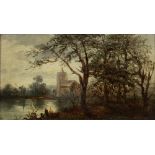 FOLLOWER OF THE BARBIZON SCHOOL A church across a moonlit river from a wooded pathway, oil on panel,