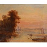 FOLLOWER OF J.M.W. TURNER (1775-1851) A lake view with boats and distant ruin at sunset, oil on