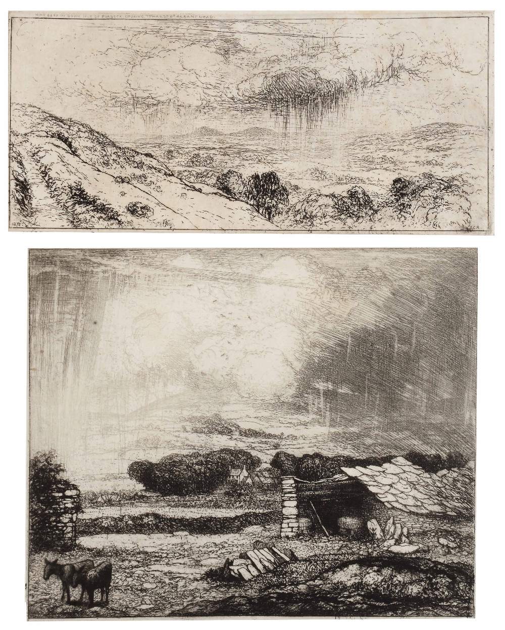 J * C * ROBINSON A pastoral landscape in the rain, etching, pencil signed in the margin, 20 x - Image 2 of 2