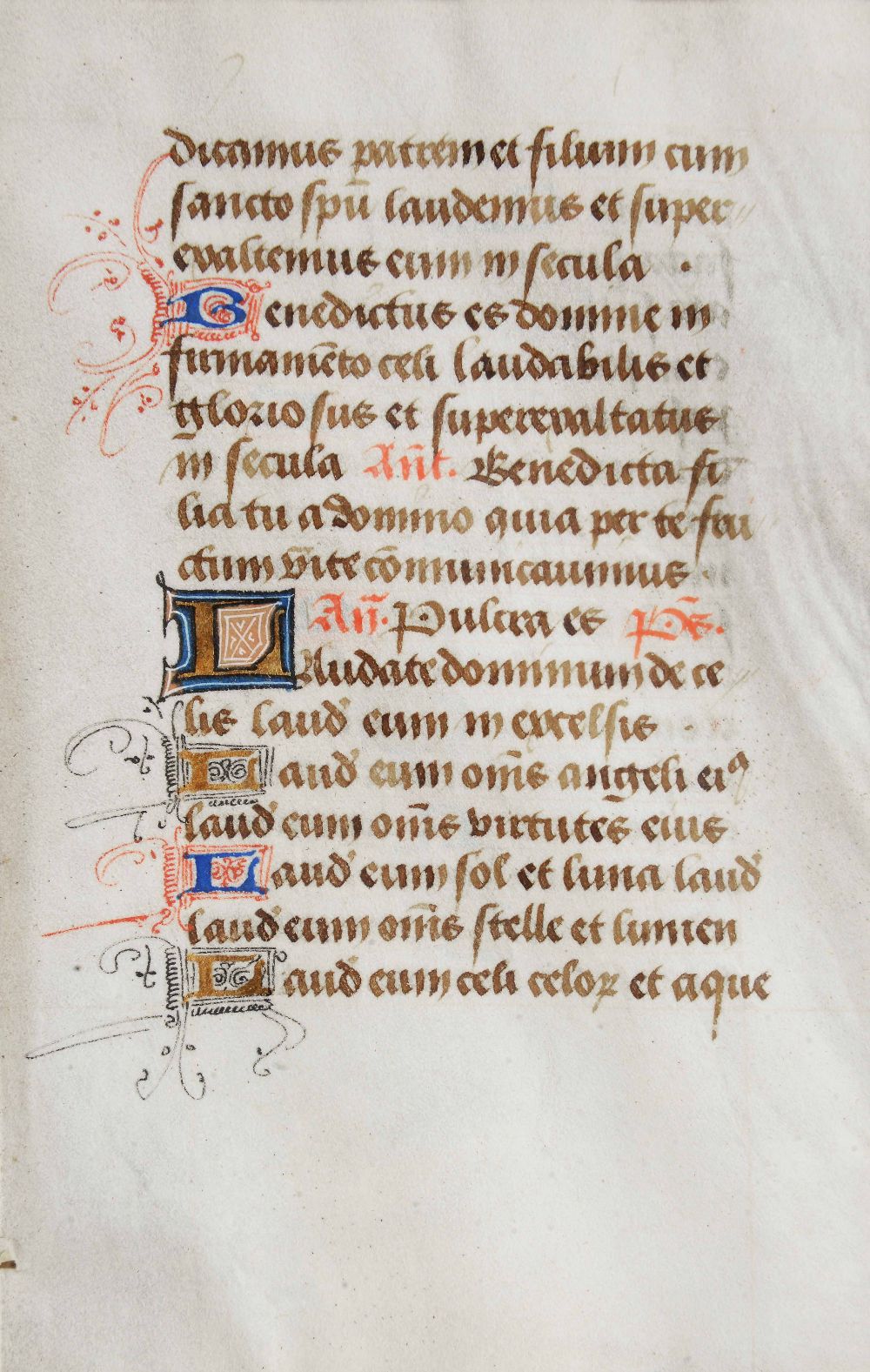 AN OLD ILLUMINATED MANUSCRIPT LEAF, double sided, with seventeen lines of Latin text in gilt and