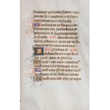 AN OLD ILLUMINATED MANUSCRIPT LEAF, double sided, with seventeen lines of Latin text in gilt and