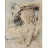 JOHN DOWNMAN (1750-1824) Portrait of a lady, side profile, wearing a frilled bonnet and with