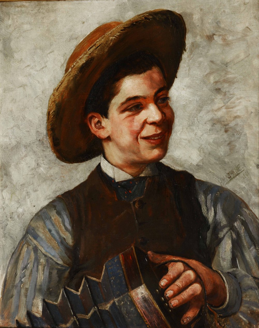 H * MAJENNE A young boy with concertina, signed and dated 1891, oil on canvas, 53 x 42cm