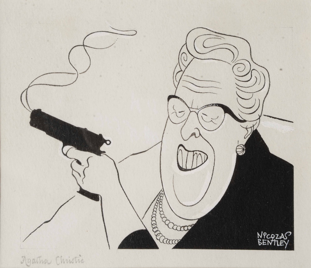 NICHOLAS BENTLEY (1907-1978) 'Agatha Christie', signed and titled, pen and ink cartoon, 13 x 15cm