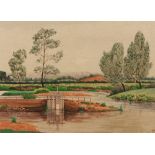 CLAUGHTON PELLEW-HARVEY (1890-1966) A river landscape with sluice gate in Summer, signed with