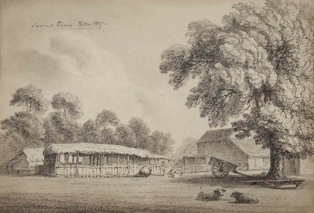 SAMUEL EVANS (1762-1835) Farmyard with resting cattle, signed and inscribed 'Eton 1807', pencil