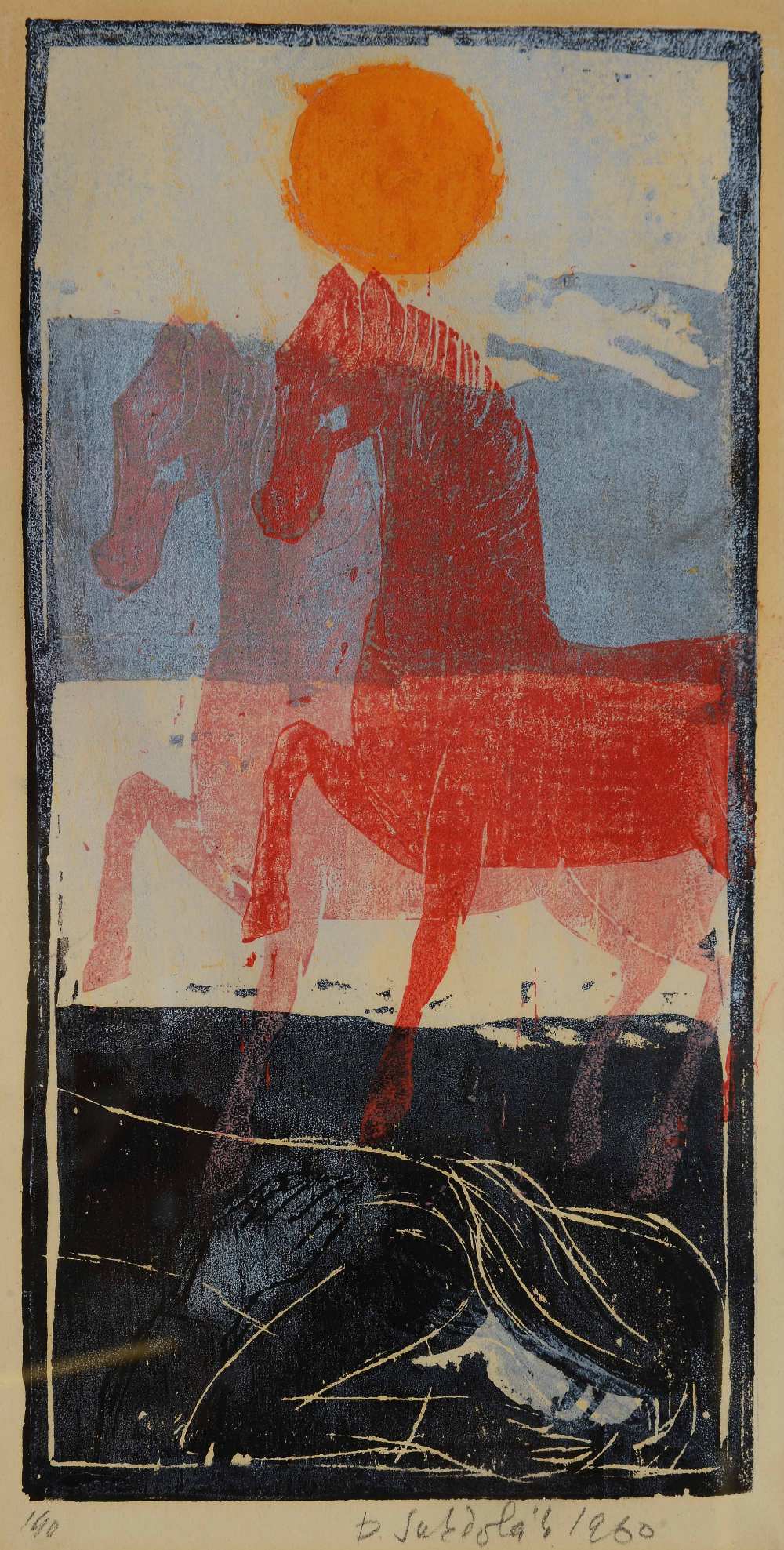 20TH CENTURY EASTERN EUROPEAN SCHOOL Horses at sunset, woodcut in colours, indistinctly signed in
