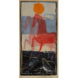 20TH CENTURY EASTERN EUROPEAN SCHOOL Horses at sunset, woodcut in colours, indistinctly signed in