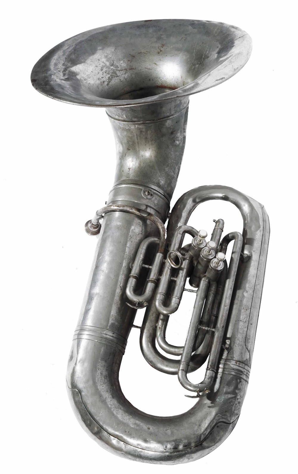 A C.G. CONN LTD ELKHEART-IND USA SOUSAPHONE TUBA in silvered brass, the 53cm bell with engraved
