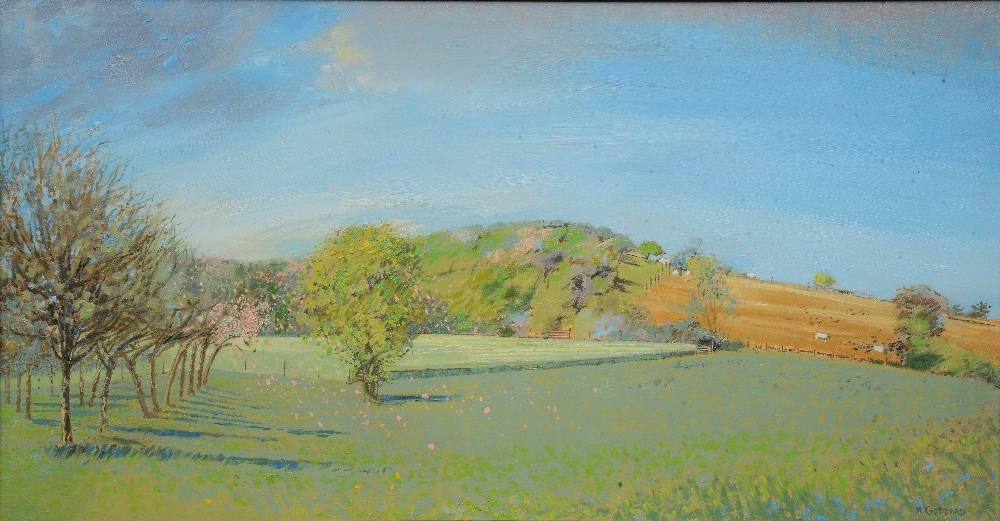 HILARY GODDARD (b.1935) Landscape in Spring, signed, inscribed verso and dated '96, oil on canvas,