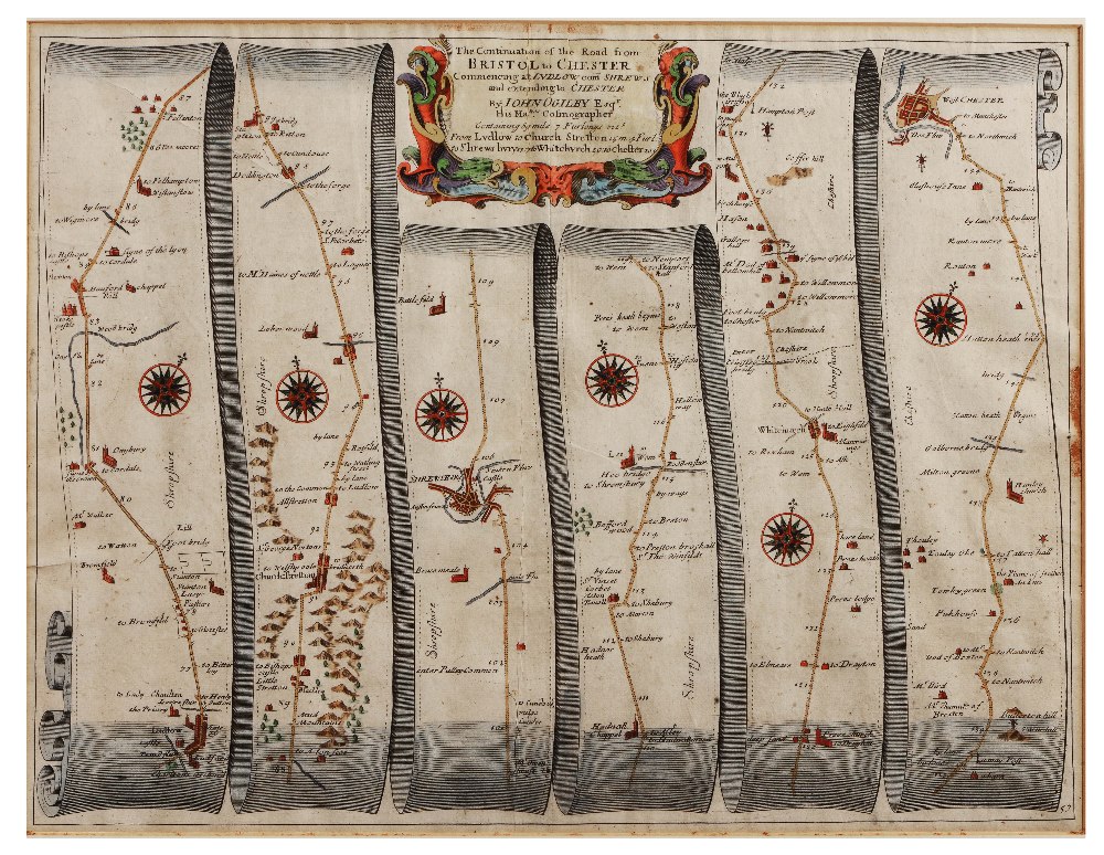 JOHN OGILBY 'The Continuation of the Road from Bristol to Chester', double-page engraving, hand-