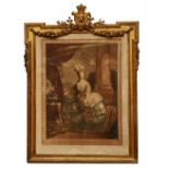 A 19TH CENTURY GILT GESSO FRAME in William Kent style with projecting upper corners centred by a