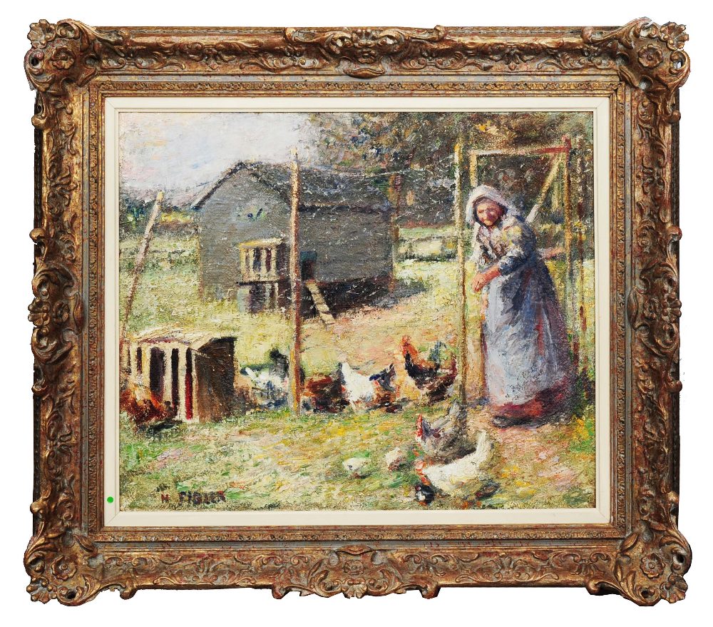 HARRY FIDLER (1856-1935) Woman feeding chickens, signed, oil on canvas, 49.5 x 59.5cm With the