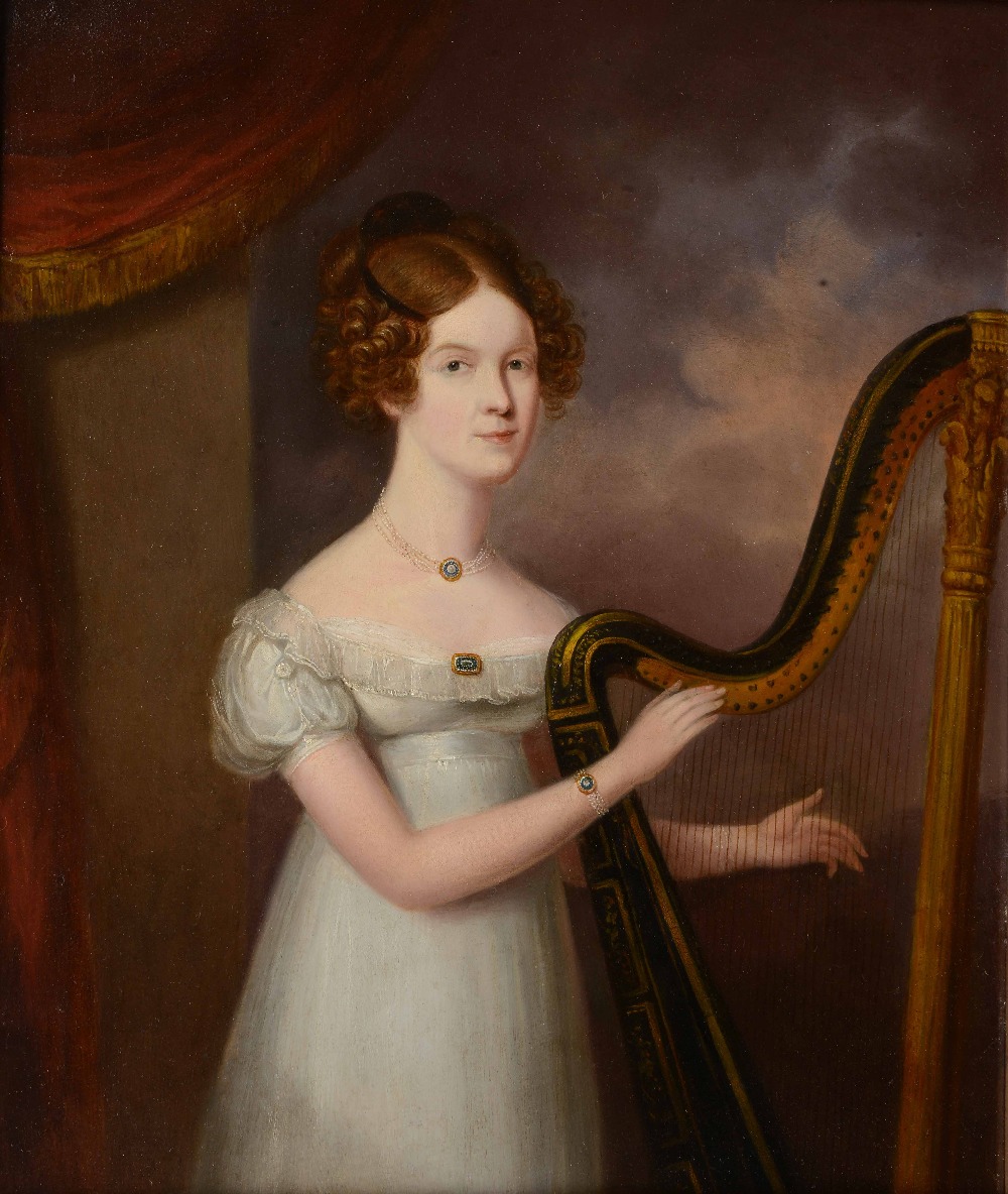 19TH CENTURY ENGLISH SCHOOL Portrait of a young lady with harp beneath a red draped curtain, oil