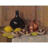 MARY REMINGTON (b.1910) Still life - a green glass wine bottle, copper jug, mushrooms and lemons, on
