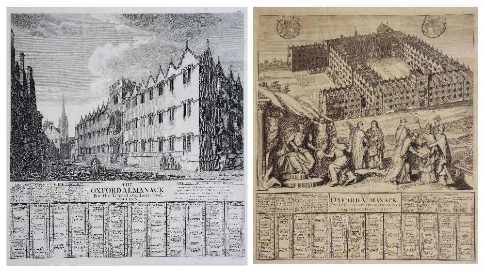 AN OXFORD ALMANACK for the year 1736 engraved with aerial view of Oriel college and benefactors,