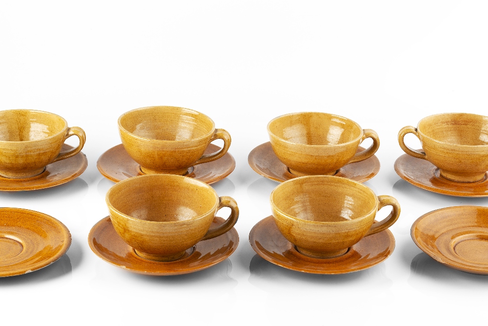 John Piper (1903-1992) Six cups and saucers, circa 1960 mustard glaze the saucers signed with