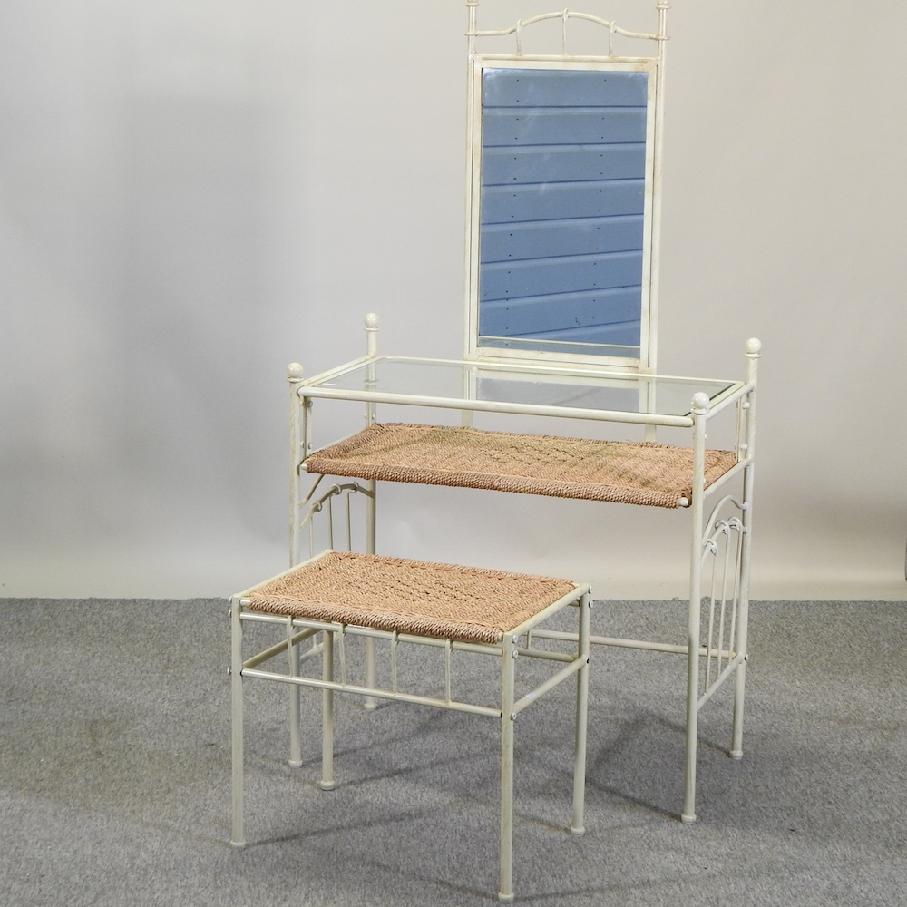 A modern cream painted metal and wicker dressing table, 81cm,