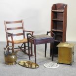 A rush seated rocking chair, together with a narrow bookcase, 122cm high, a piano stool,