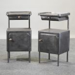 A pair of industrial style metal bedside cabinets, each containing a single drawer,