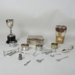 A collection of silver and plated items, to include a silver table cigarette case, 11cm,