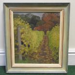 Diana Calvert, N E A C , b1941, The Vineyard at Wyken, signed with initials, oil on board,