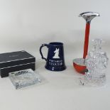 A Waterford crystal stand, boxed, together with a decanter, a Whitbread advertising mug,