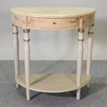 A Chinese style half round hall table, containing a single drawer,