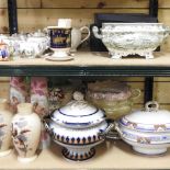 Two shelves of china, to include teapots, meat plates,