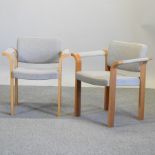 A set of eight 1980's Magnus Oleson light oak stacking armchairs,