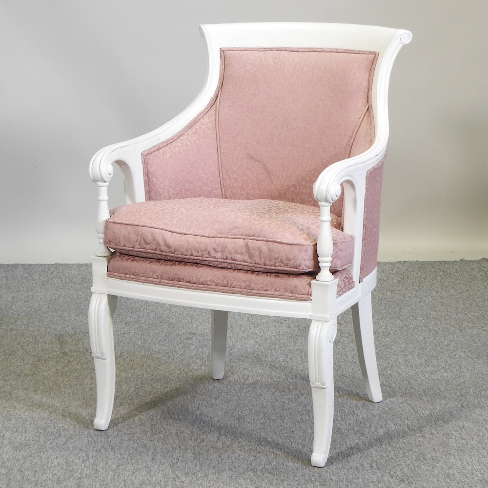 A white painted and pink upholstered open armchair