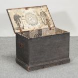 A Victorian pine box, the interior lined with etchings of figures,