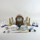 A pair of 19th century glass decanters, together with a silver decanter label, an oak mantel clock,