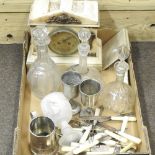 A box of items, to include a Victorian marble mantel clock, 28cm high, three cut glass decanters,