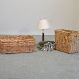 A cut glass chandelier, together with a table lamp, a wicker basket, 60cm,