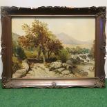 English School, 19th century, river landscape with figures and sheep, oil on canvas,